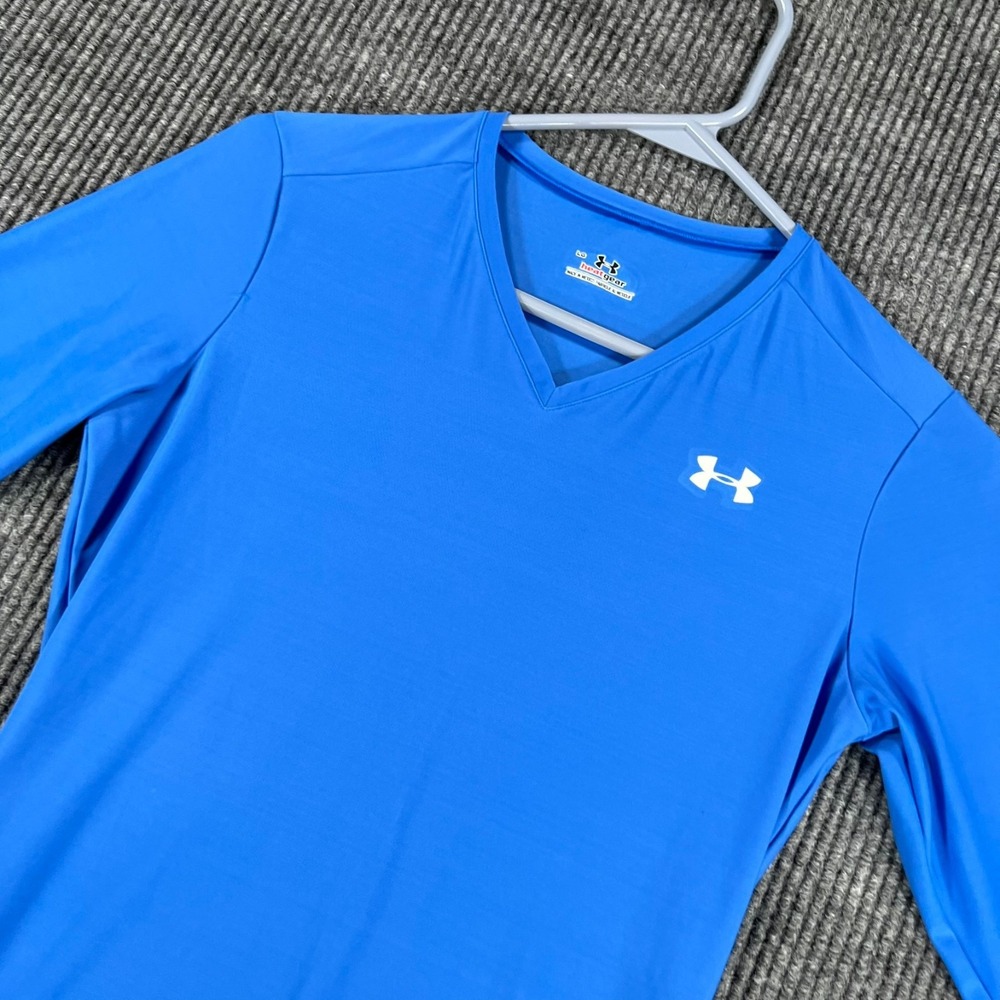 Under Armour Shirt Womens Large Blue Long Sleeve V Neck Heat Gear Active Gym
